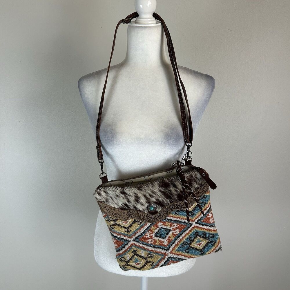 Myra Bag Trailblazer Aztec Print Crossbody Bag Leather CowHide Embroidered Brown
